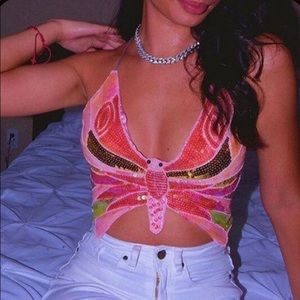 🌸Pink Sequins Butterfly Halter Top With Adjustable Straps ONE SIZE🌸